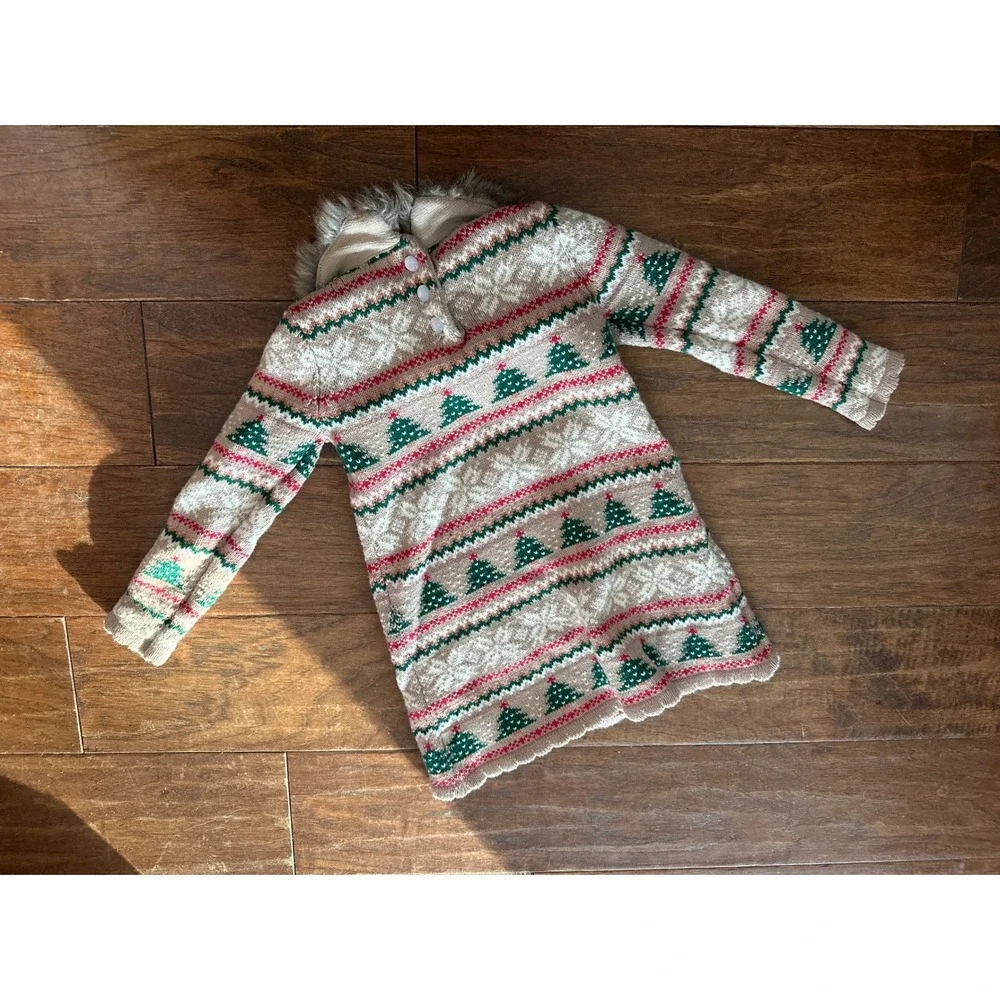 Tommy Bahama Kids Fair Isle Christmas Tree‎ Sweater Dress with Faux Fur Size 3T